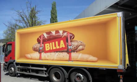 Truck advertising banner for Billa in Wiener Neudorf