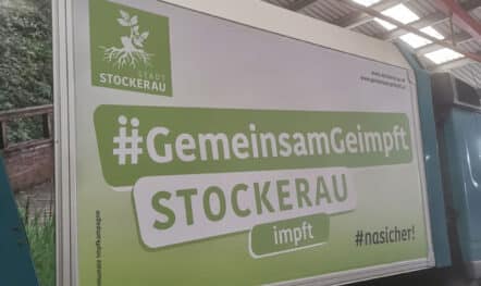 Truck advertising banner for the municipality in Stockerau