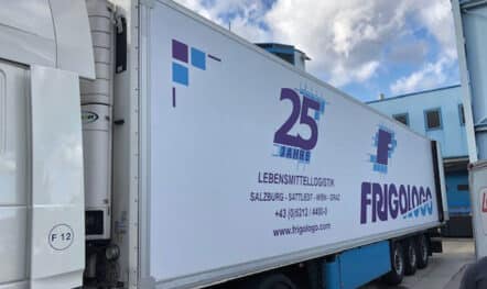 Truck advertising banner for Frigologo in Maria Lanzendorf