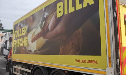 Truck advertising tarpaulin for Billa in Wiener Neudorf