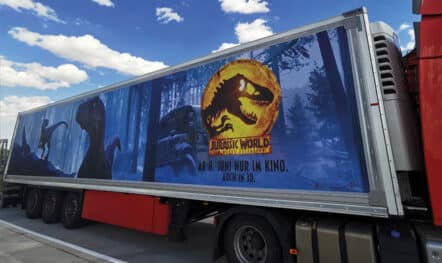 Truck advertising tarpaulin for Jurassic World