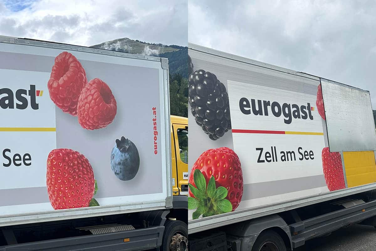 bestehendes Rahmensystem durch Reparaturen verändert wurde SAMS 4media Alpin Gastro LKW Werberahmen Vorher Nachher